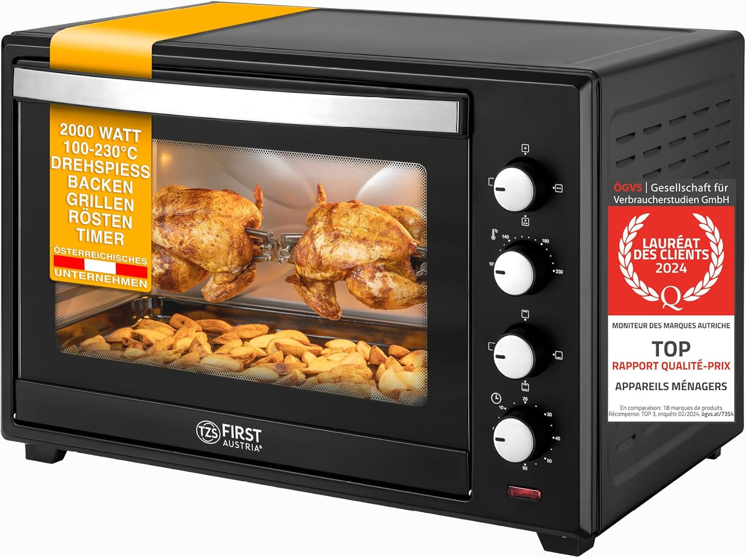 TZS First Austria Mini Four Electrique 45L, Four À Convection 2000W, Réglage De La Température 100-230°, Grille Et Plaque De Four, Double Vitrage, Rôtissoire, Four Electrique Chaleur Tournante, Noir