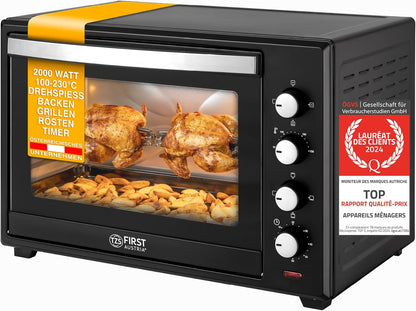TZS First Austria Mini Four Electrique 45L, Four À Convection 2000W, Réglage De La Température 100-230°, Grille Et Plaque De Four, Double Vitrage, Rôtissoire, Four Electrique Chaleur Tournante, Noir