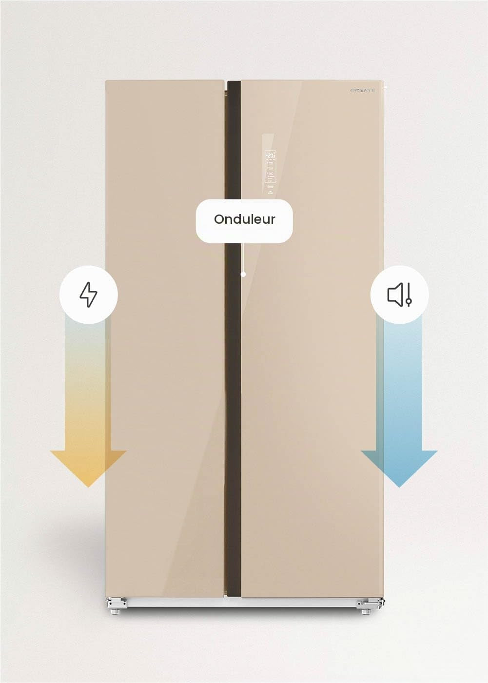 / FRIDGE STUDIO SIDE by SIDE 550 / Réfrigérateur Style Side by Side 550L Sable / 91,2 X 70,4 X 177,7 Cm/No Frost, Traitement Antibactérien, Commande Tactile Électronique, 158W