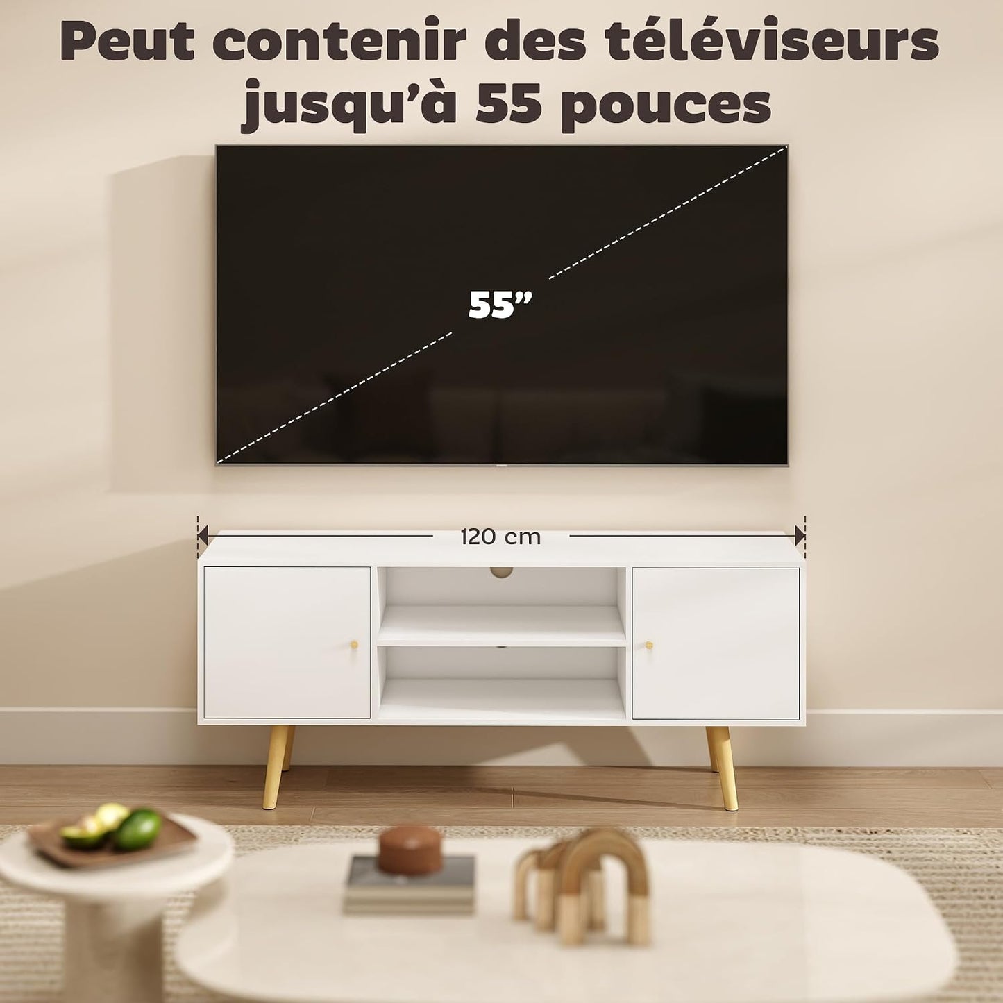 Meuble TV 120 Cm Pour Téléviseur Jusqu'À 55 Pouces Blanc | Meuble Télé, 2 Placards, 2 Étagères Ouvertes, Banc TV Moderne, Salon, Chambre À Coucher