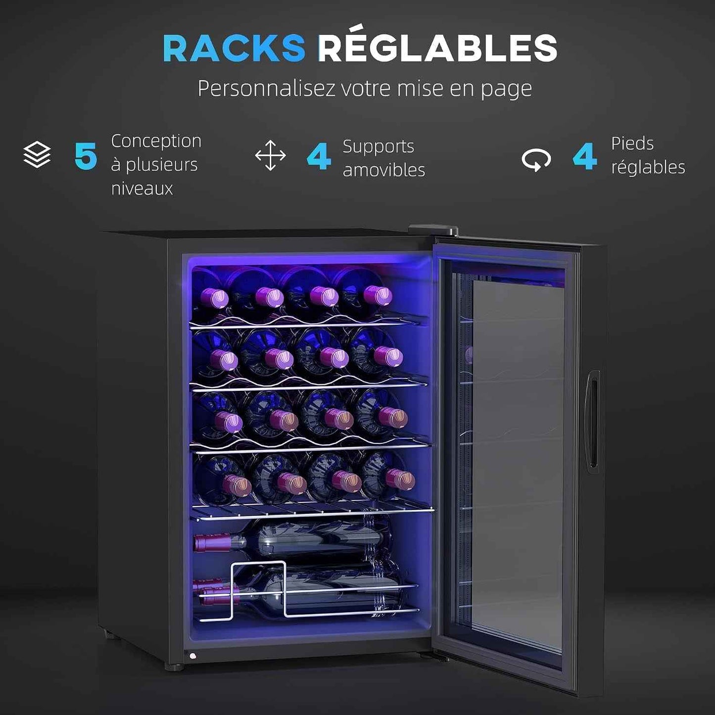 Cave À Vin 20 Bouteilles 53L Réfrigérateur À Vin Silencieux Noir | Porte En Verre, Éclairage LED, Écran Tactile Numérique, Mini Frigo, Contrôle De La Température 5-18°C, Protection UV