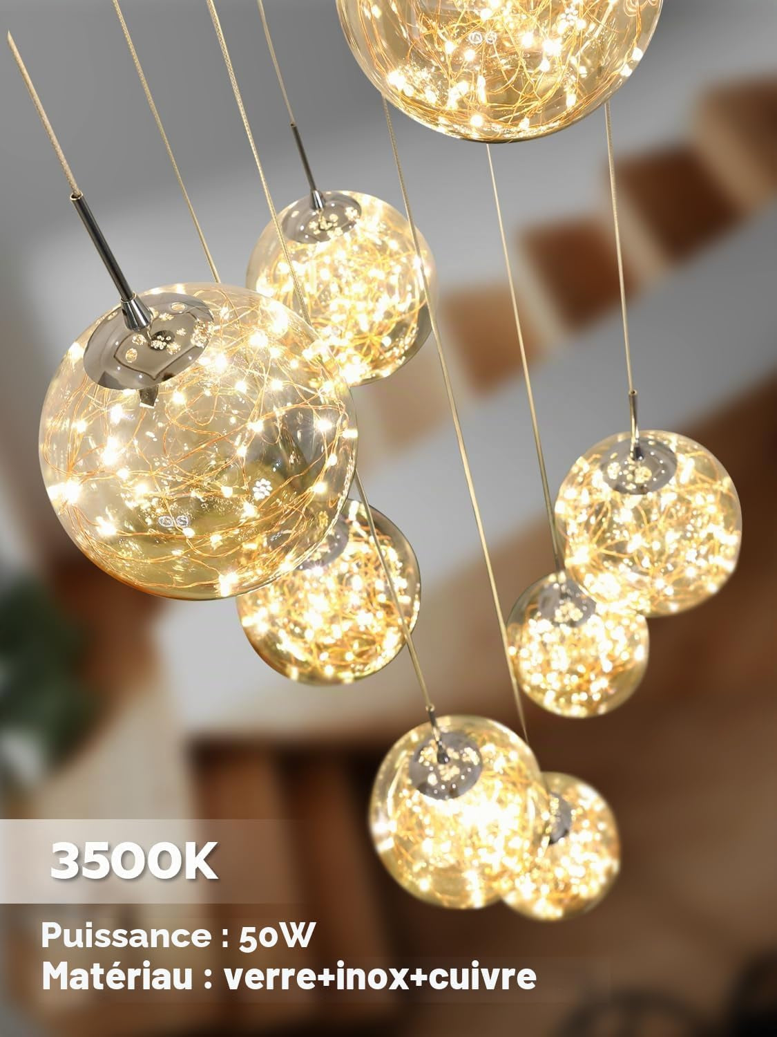 200CM Lustre Lampe Boule De Verre 10 LED, Pendentif Lumière LED D'Escalier, 50W Suspensions Long Étoilé Pendant Light, Plafonniers Modernes Pour Villas, Escaliers Et Salons