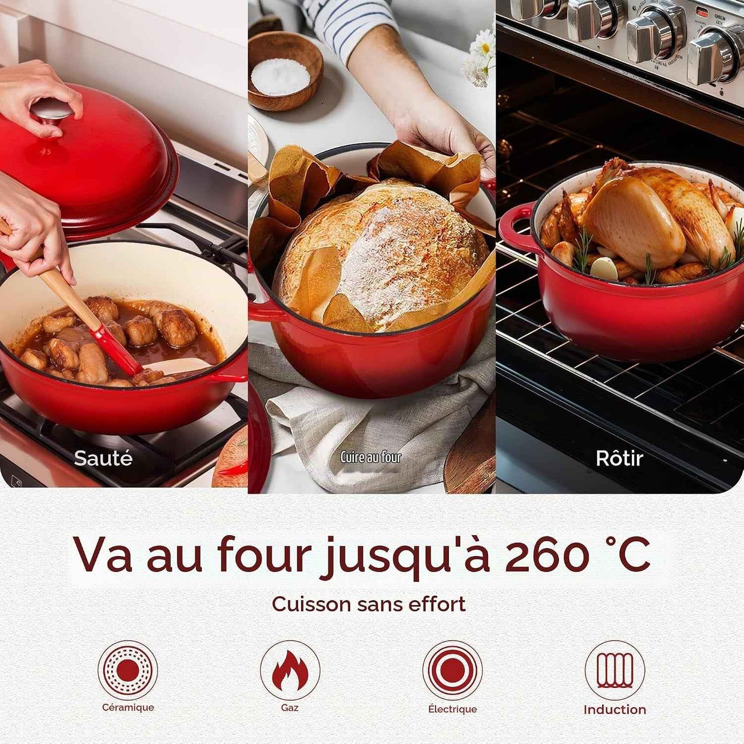7 Pièces Batterie De Cuisine Induction En Fonte Émaillée | Tous Feux, Induction Et Four, 100% Sans PFOA, PTFE, Plomb, Cadmium, Rétention De Chaleur Maximale Pour Mijoter