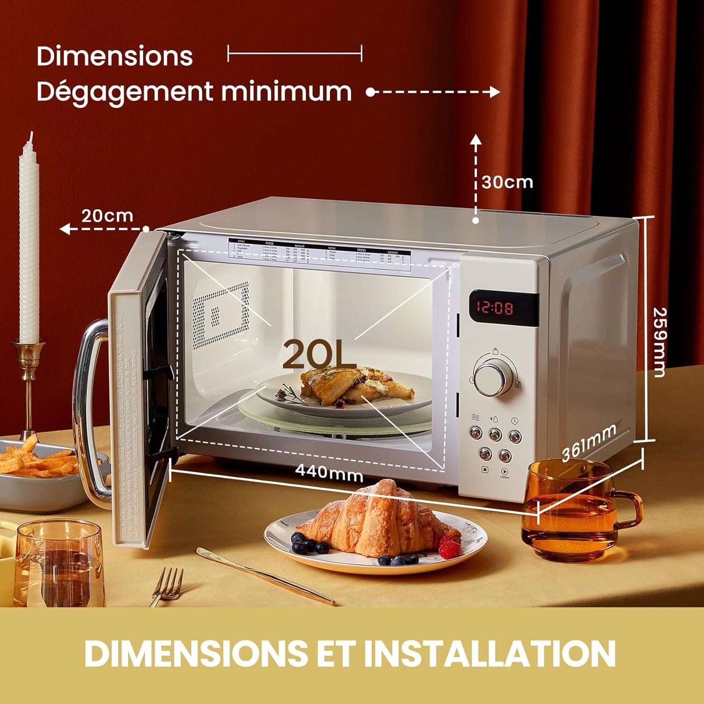' Micro-Ondes Rétro CMSRO 20Di Cr Avec 8 Renus Rutomatiques, 5 Niveaux De Puissance De Cuisson, Bouton De Cuisson Express, 20 L, 800 W, Crème D'Abricot