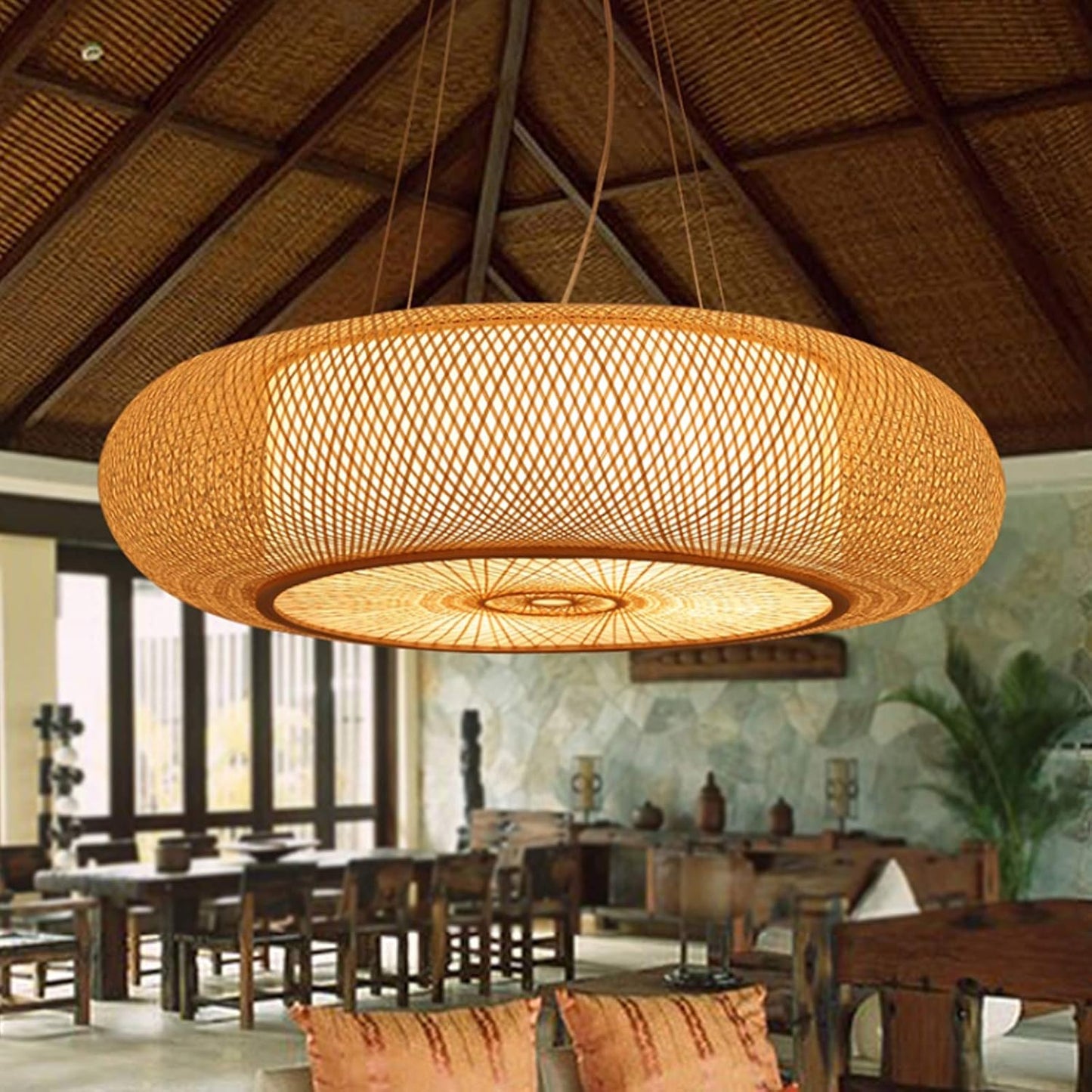 E27 Suspension Rétro Lampes Suspendues Bambou Lustre Naturel Pendentif Lumière Vintage Tressé Abat-Jour Rotin Hauteur Réglable Éclairage Salon Café Plafonnier,60Cm