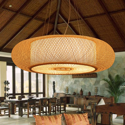 E27 Suspension Rétro Lampes Suspendues Bambou Lustre Naturel Pendentif Lumière Vintage Tressé Abat-Jour Rotin Hauteur Réglable Éclairage Salon Café Plafonnier,60Cm