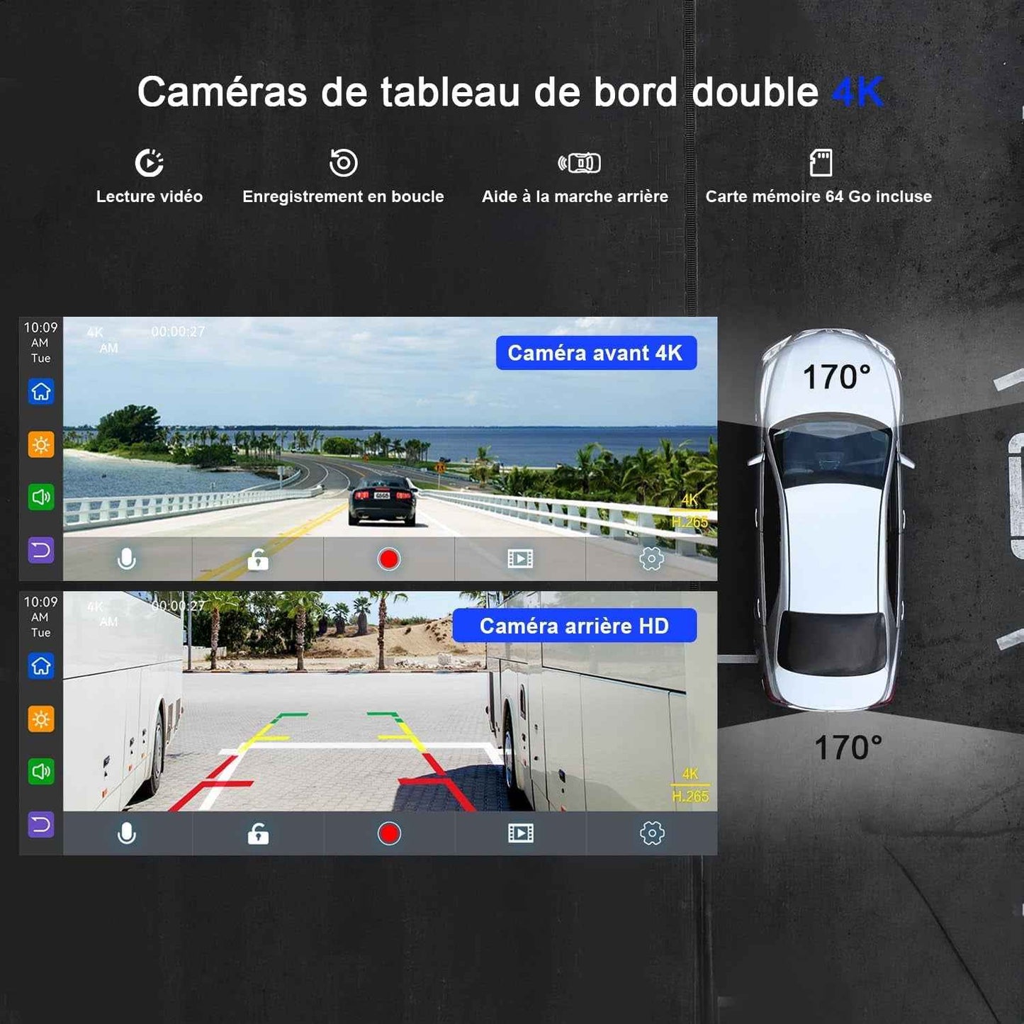 9,26'' Carplay Voiture Apple Carplay & Android Auto, Dashcam Avant | 4K + Caméra De Recul HD, 60FPS, Mise À Jour OTA, GPS, Commande Vocale, Mirror Link, Bluetooth 5.2, AUX, Fm，Avec 64Go Carte