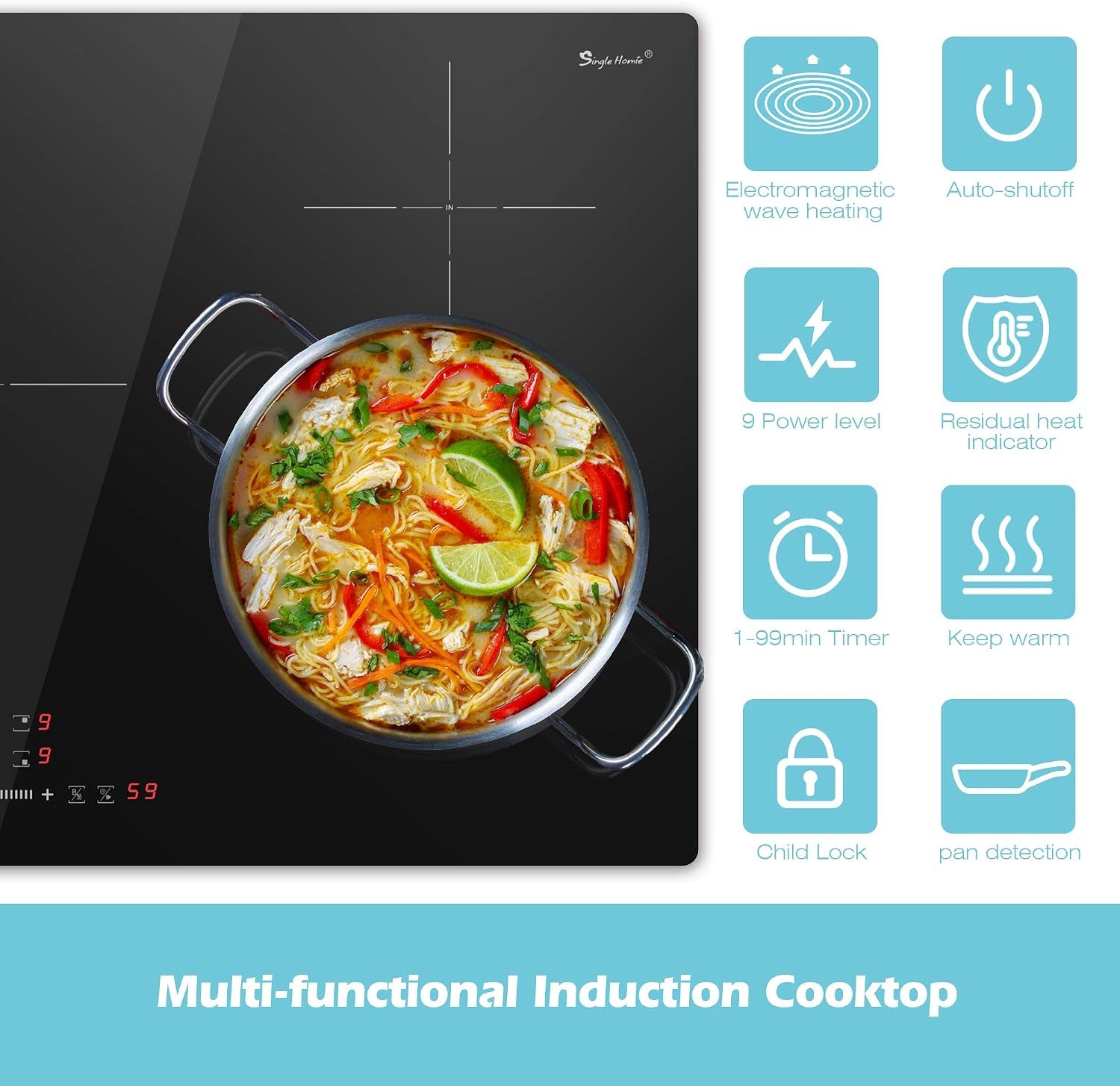 Plaque Induction 90 Cm, Plaque De Cuisson Induction 5 Feux, 9300W Avec Protection Contre L'Arrêt Automatique, Minuterie, Sécurité Enfants, Commande Tactile, 220-240V