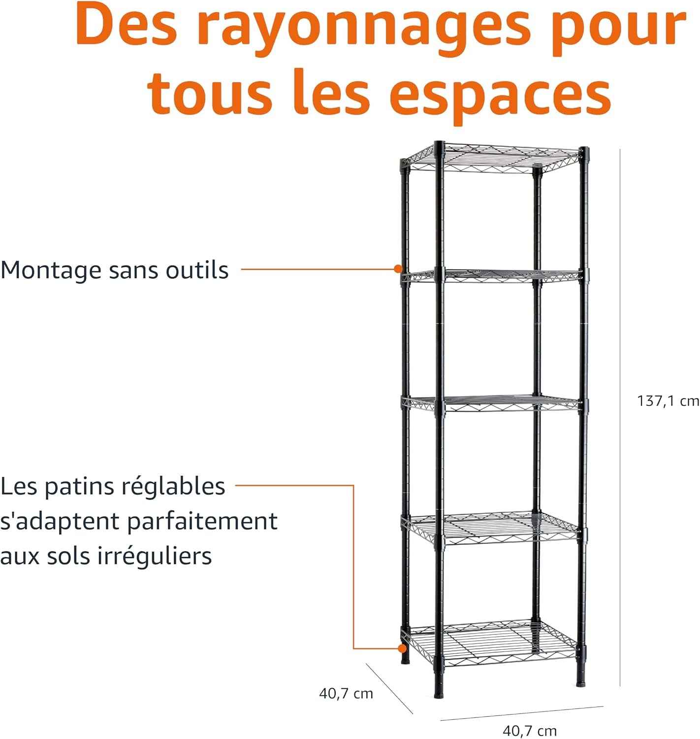 Meuble De Rangement Réglable À 5 Étagères, Noire, 40.6 X 40.6 X 137.2 Cm (P X L X H)