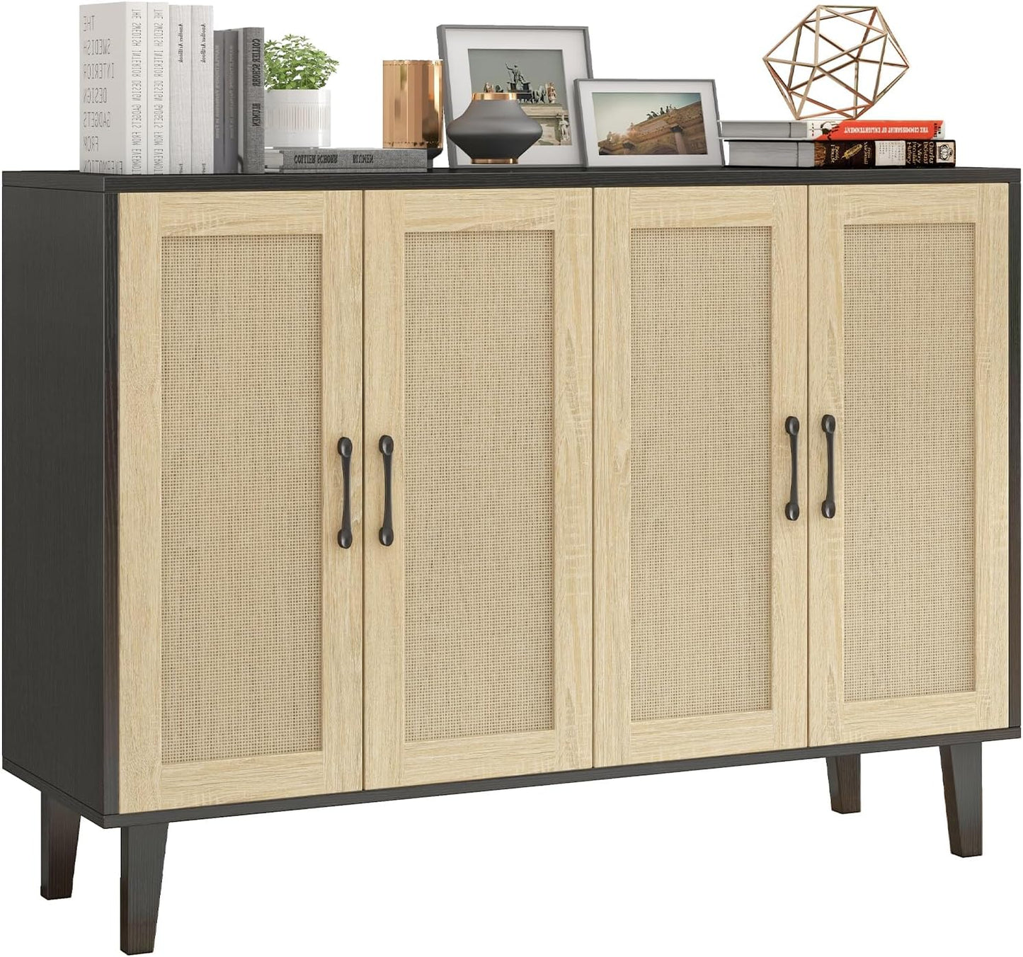 Meuble De Rangement En Rotin Et MDF, Buffets Haut Aspect Avec 4 Portes Sur Salon, Chambre, 127 X 38 X 83 Cm (Noir Et Bois), MEFRSB58