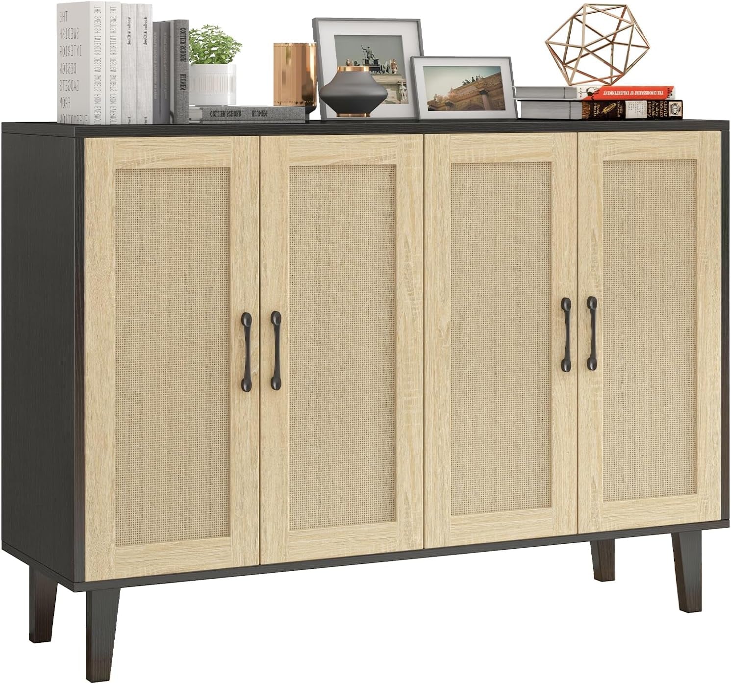 Meuble De Rangement En Rotin Et MDF, Buffets Haut Aspect Avec 4 Portes Sur Salon, Chambre, 127 X 38 X 83 Cm (Noir Et Bois), MEFRSB58