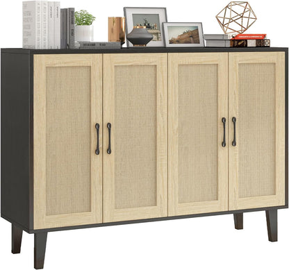 Meuble De Rangement En Rotin Et MDF, Buffets Haut Aspect Avec 4 Portes Sur Salon, Chambre, 127 X 38 X 83 Cm (Noir Et Bois), MEFRSB58