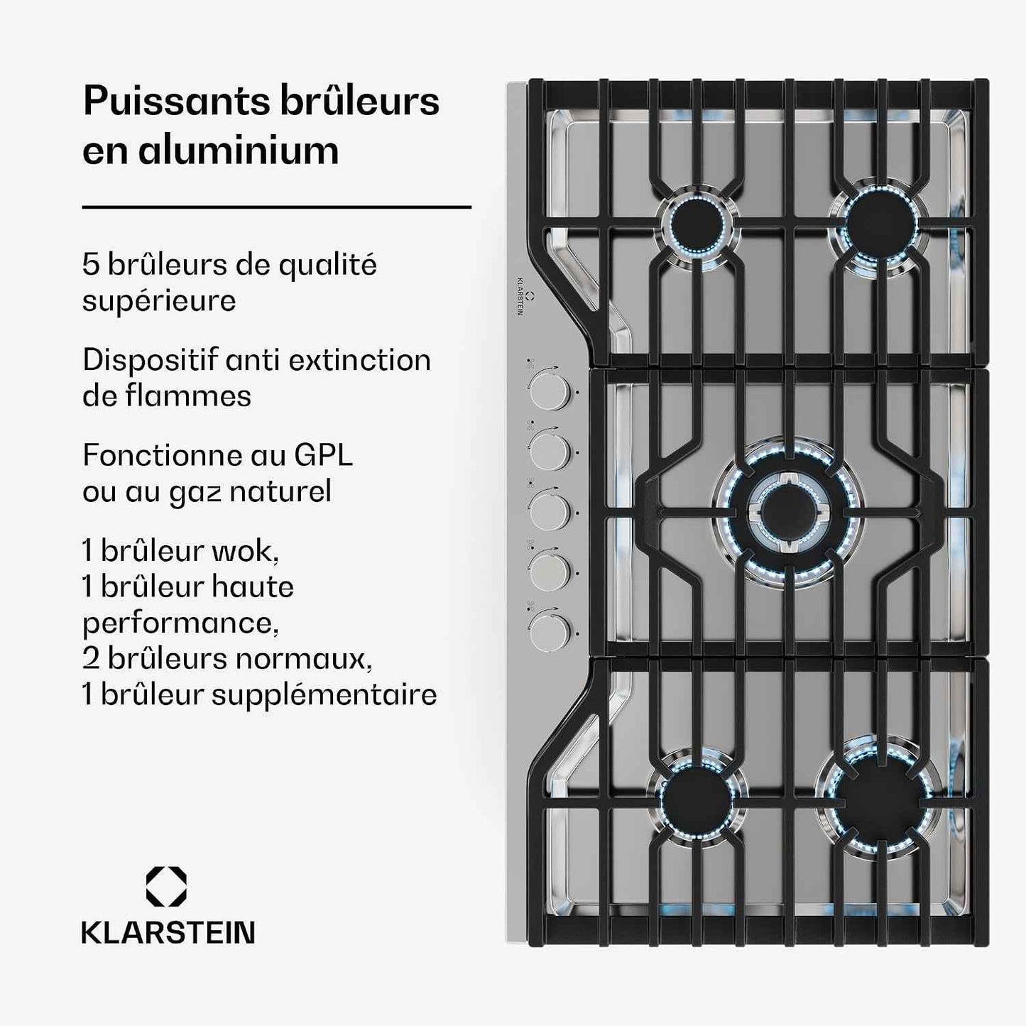 Klarstein Turbocast Plaque De Cuisson Gaz - 5 Brûleurs, Inox 304, 3.4Kw Wok, Allumage Auto & Sécurité, Kit Conversion GPL, Plaque Au Gaz Professionnelle