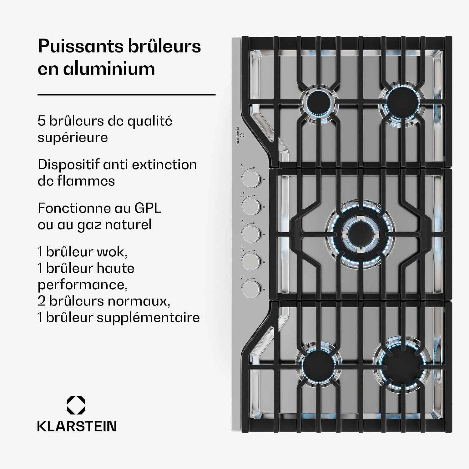 Klarstein Turbocast Plaque De Cuisson Gaz - 5 Brûleurs, Inox 304, 3.4Kw Wok, Allumage Auto & Sécurité, Kit Conversion GPL, Plaque Au Gaz Professionnelle
