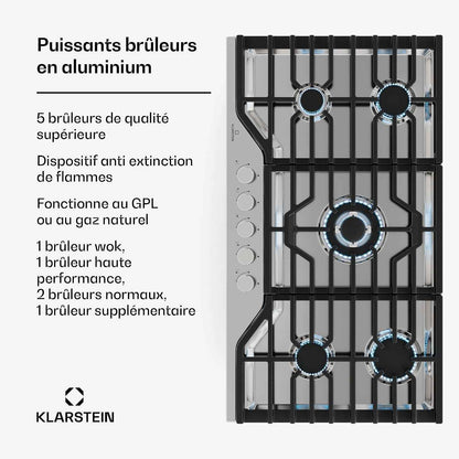 Klarstein Turbocast Plaque De Cuisson Gaz - 5 Brûleurs, Inox 304, 3.4Kw Wok, Allumage Auto & Sécurité, Kit Conversion GPL, Plaque Au Gaz Professionnelle
