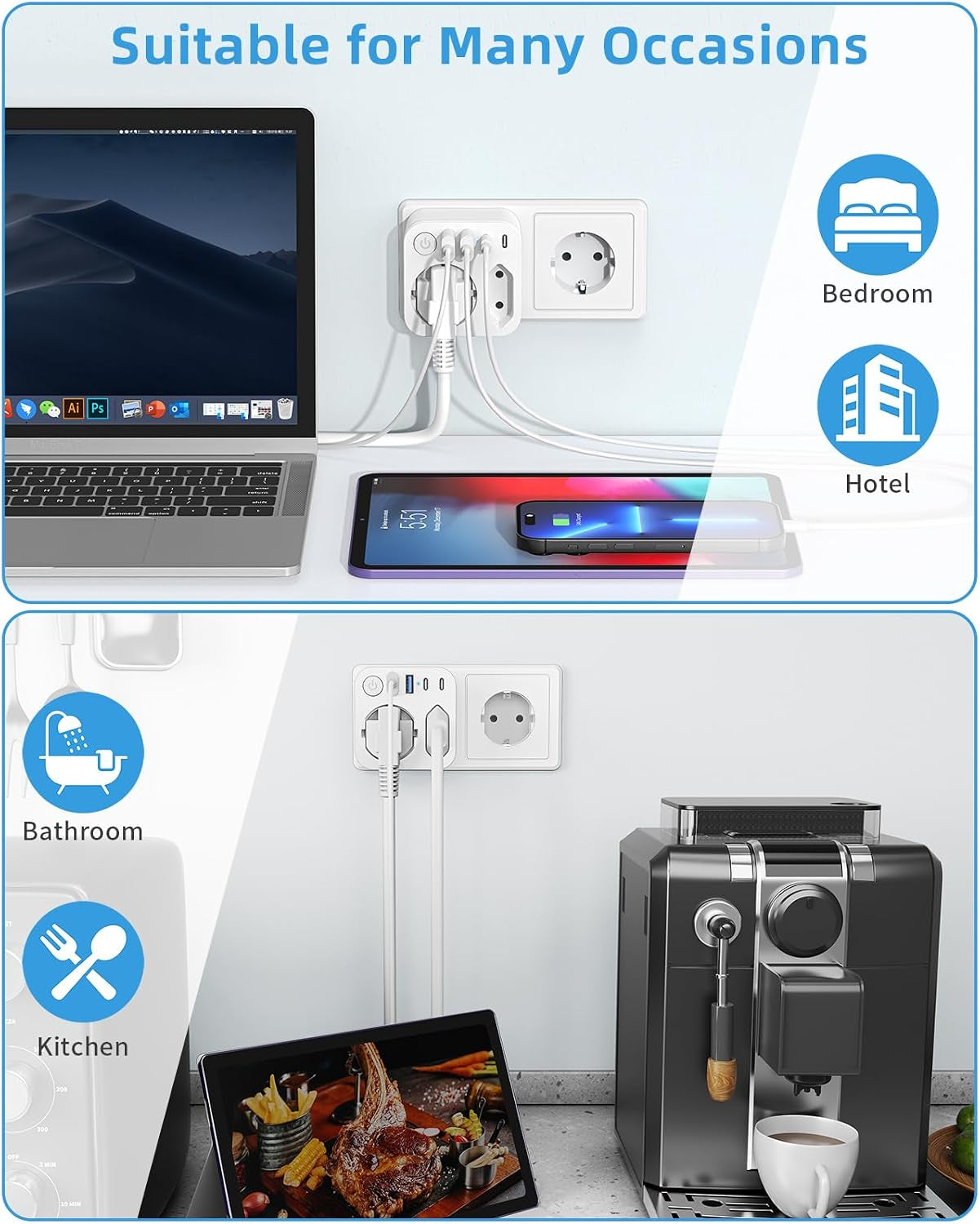 6 En 1 Multiprise Murale Avec 4 USB (2 Type-C), Adaptateur Secteur 2 Prises Avec Interrupteur Electrique Idéal Bureau, Blanc | 2 Prises Multiprises, Double Prise Pour Prise Murale