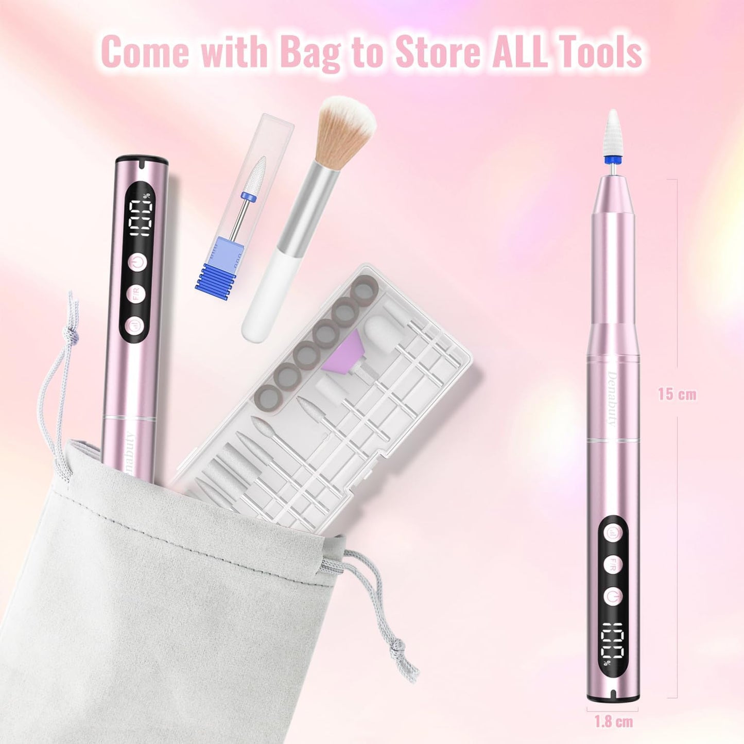 Ponceuse Pour Ongles Sans Fil 35000 Tr/Min Lime a Ongle Electrique | Professionnelle 12 En 1 Ponceuse À Ongles Avec Écran LCD, Portable Kit De Manucure Et Pédicure 5 Vitesse Réglable Rose