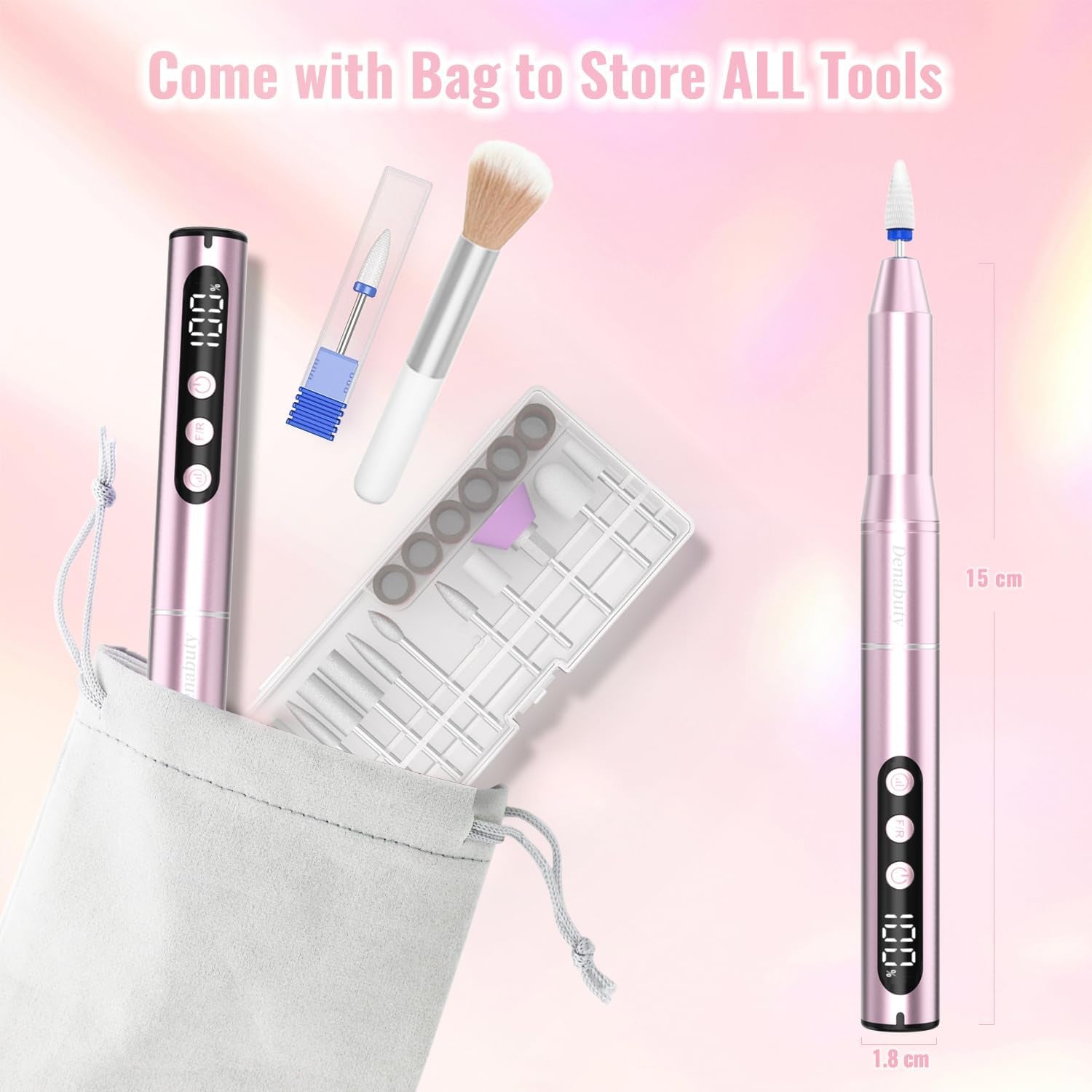 Ponceuse Pour Ongles Sans Fil 35000 Tr/Min Lime a Ongle Electrique | Professionnelle 12 En 1 Ponceuse À Ongles Avec Écran LCD, Portable Kit De Manucure Et Pédicure 5 Vitesse Réglable Rose