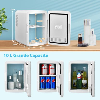 Mini Réfrigérateur 10L Chaud/Froid Portable Avec Miroir LED, Mini Frigo Avec Etagères Amovibles 12V/220V Pour Voiture, Chambre