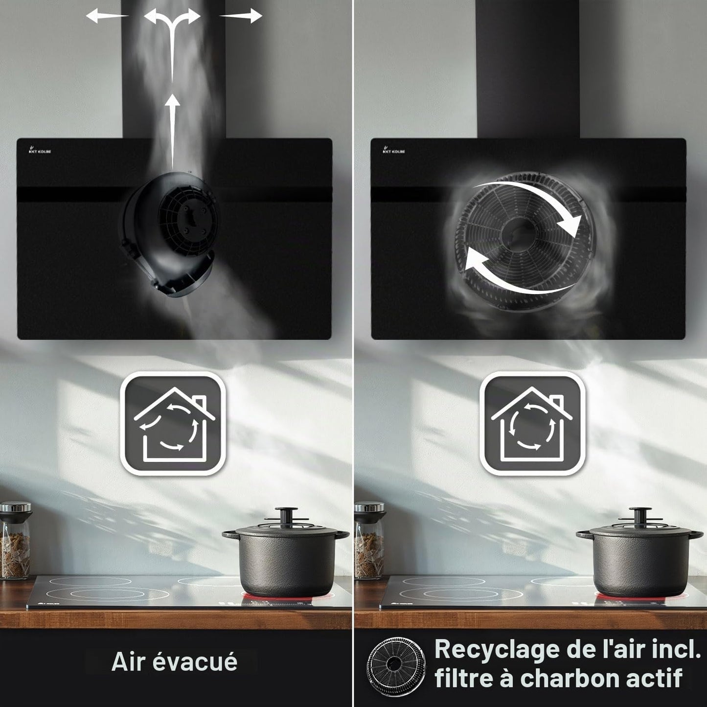 Hotte Aspirante Cuisine 80 Cm | Inclinées | Acier Inoxydable | Verre Noir | Wifi | Arrête Automatiquement | Éclairage LED RVB | Opération Tactile | STYLE8005SMAO