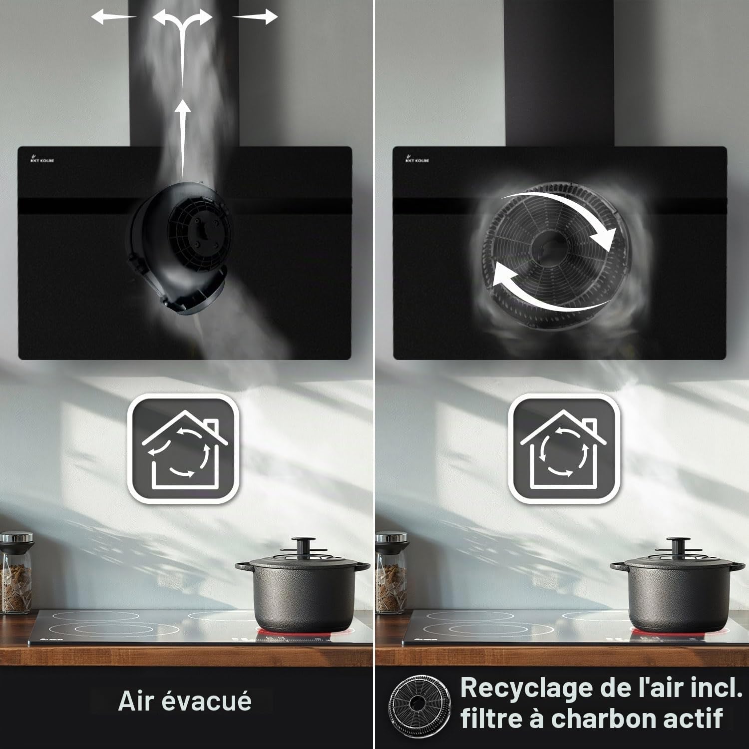 Hotte Aspirante Cuisine 80 Cm | Inclinées | Acier Inoxydable | Verre Noir | Wifi | Arrête Automatiquement | Éclairage LED RVB | Opération Tactile | STYLE8005SMAO