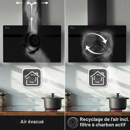 Hotte Aspirante Cuisine 80 Cm | Inclinées | Acier Inoxydable | Verre Noir | Wifi | Arrête Automatiquement | Éclairage LED RVB | Opération Tactile | STYLE8005SMAO