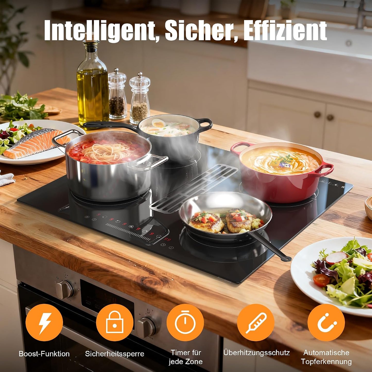 Plaque À Induction Avec Hotte Aspirante De 135W, Plaque Induction 4 Feux Encastrable 60CM, Fonction Booster, Minuterie, Pause, Table De Cuisson À Induction 6400W, 220V, Sans Prise