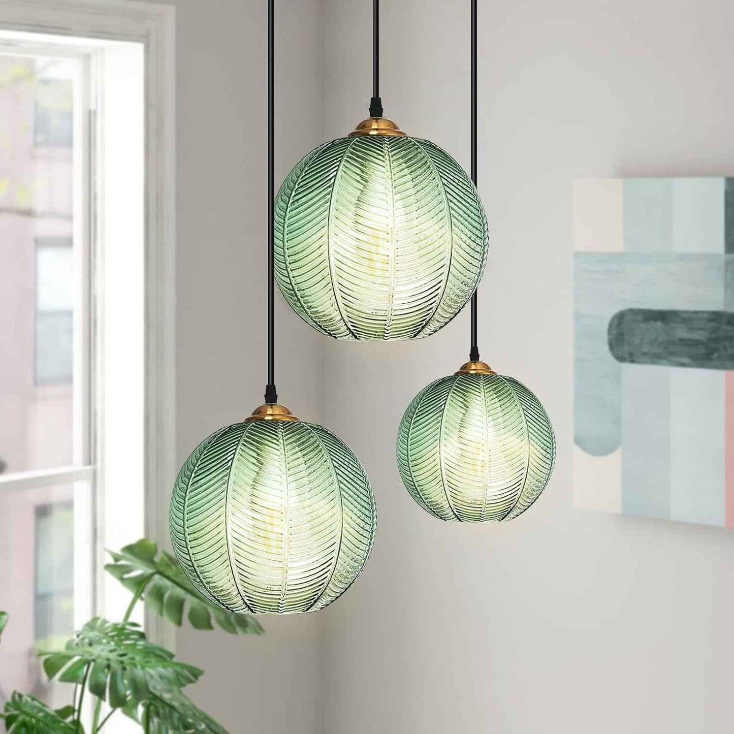 Suspension Luminaire,Suspension En Verre Vert Clair Abat-Jour Moderne Lustres Vertes Moderne E27 Lampe Suspension,Loft Lustre Vintage Cuisine Chambre À Manger Luminaire De La Salle À Manger