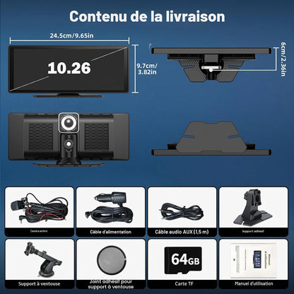 10.26" Écran Carplay Sans Fil Pour Apple Carplay & Android Auto, Écran Tactile HD Portable Car Play Voiture Avec 4K Dashcam / Caméra De Recul 1080P Avec Mirror Link, BT, Assistant Vocal, GPS, FM