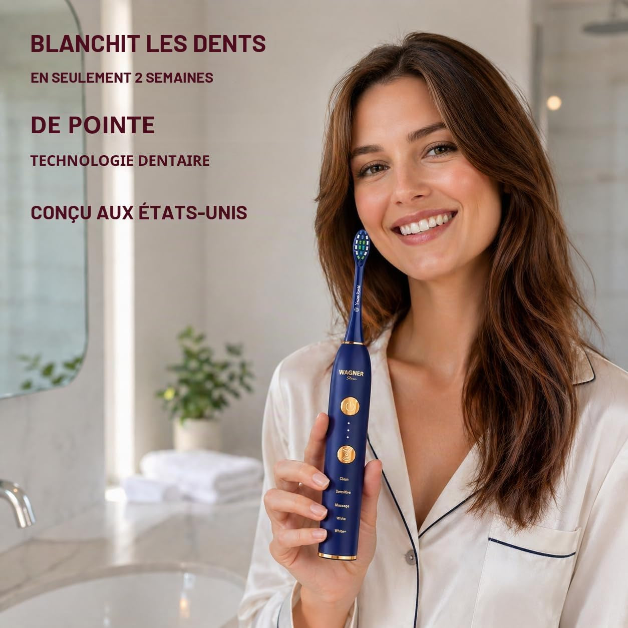 WHITEN+ – Brosse À Dents Électrique Avec Capteur De Pression, 5 Modes, 3 Intensités, 8 Têtes Souples, Moteur Puissant, Étui De Voyage Luxe Inclus (Marine)