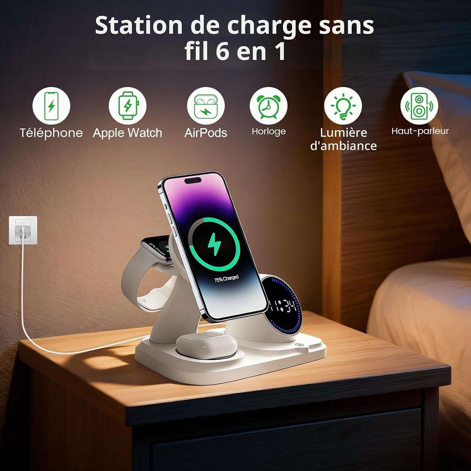 Chargeur Sans Fil 6 En 1 Pour Iphone Avec Enceinte Bluetooth,Station De Charge Rapide Pour Iphone 17/16/15/14/13/12/11/Pro/Max/Plus, Pour Apple Watch Et Airpods