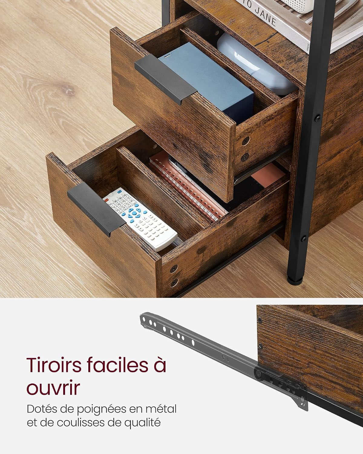 Table D’Appoint Avec Multiprise, Petite Et Fine Avec 2 Tiroirs, Table De Chevet Avec Rangement, Pour Salon, Chambre, Marron Rustique Et Noir D'Encre LET325B01