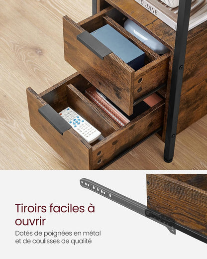 Table D’Appoint Avec Multiprise, Petite Et Fine Avec 2 Tiroirs, Table De Chevet Avec Rangement, Pour Salon, Chambre, Marron Rustique Et Noir D'Encre LET325B01
