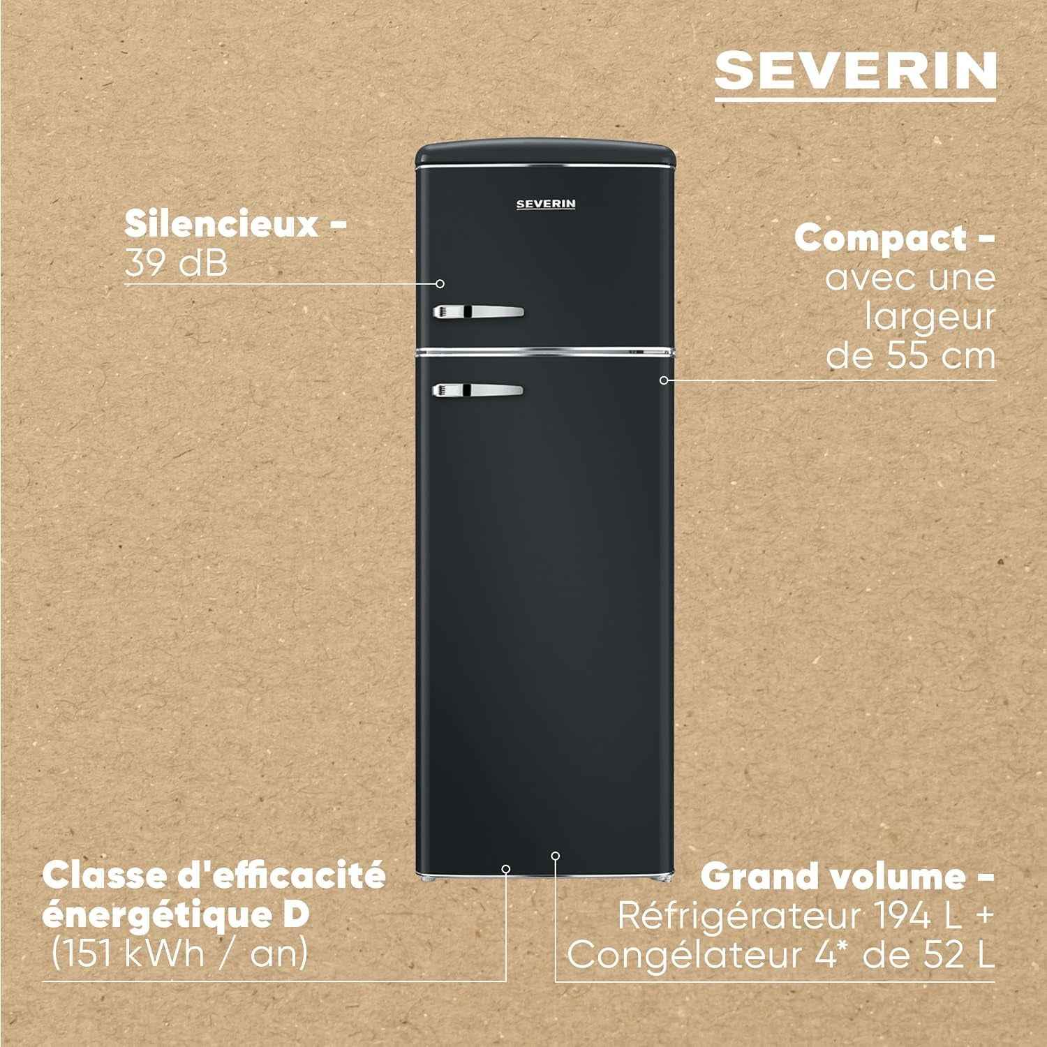 Réfrigérateur Congélateur 2 Portes, Pose Libre, Réfrigérateur Double Porte Avec Congélateur Largeur 55 Cm, 246 L, Classe D, Look Rétro, Noir Mat, RKG 8984