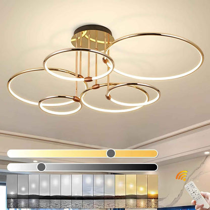 Plafonnier LED, Ø105Cm Lustre Cercle En Métal Doré, 145W Dimmable En Continu 3000-6000K, Pendentif Galvanoplastie Rond Moderne, Chambre Salon Enfants Bureau Étude Cuisine Couloir (6 Anneaux)