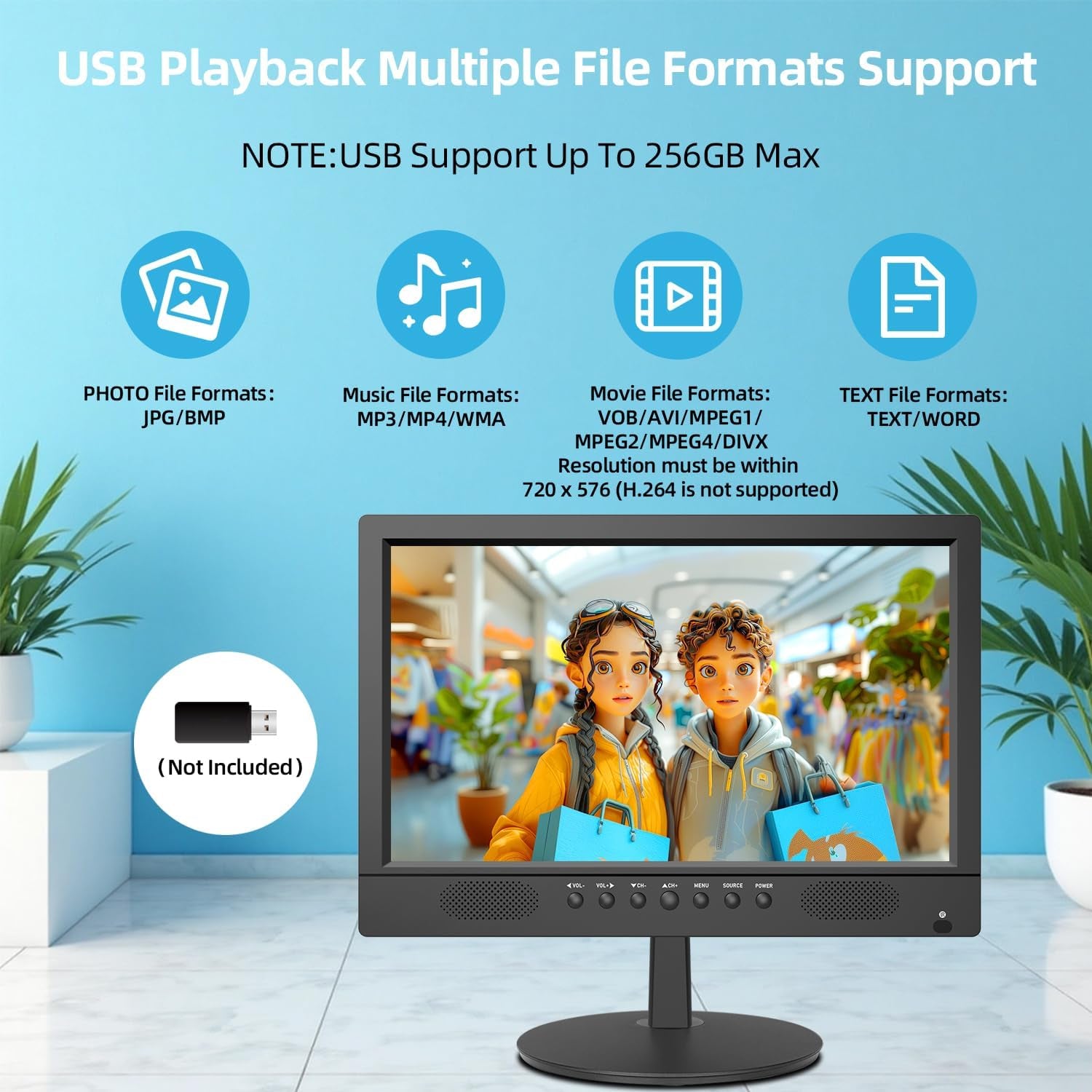 TV Numérique 16 Pouces Freeview | Tuner DVB-T2, Entrée AV, HDMI/VGA, Port USB, Alimentation 12V Voiture Ou Secteur, Télécommande