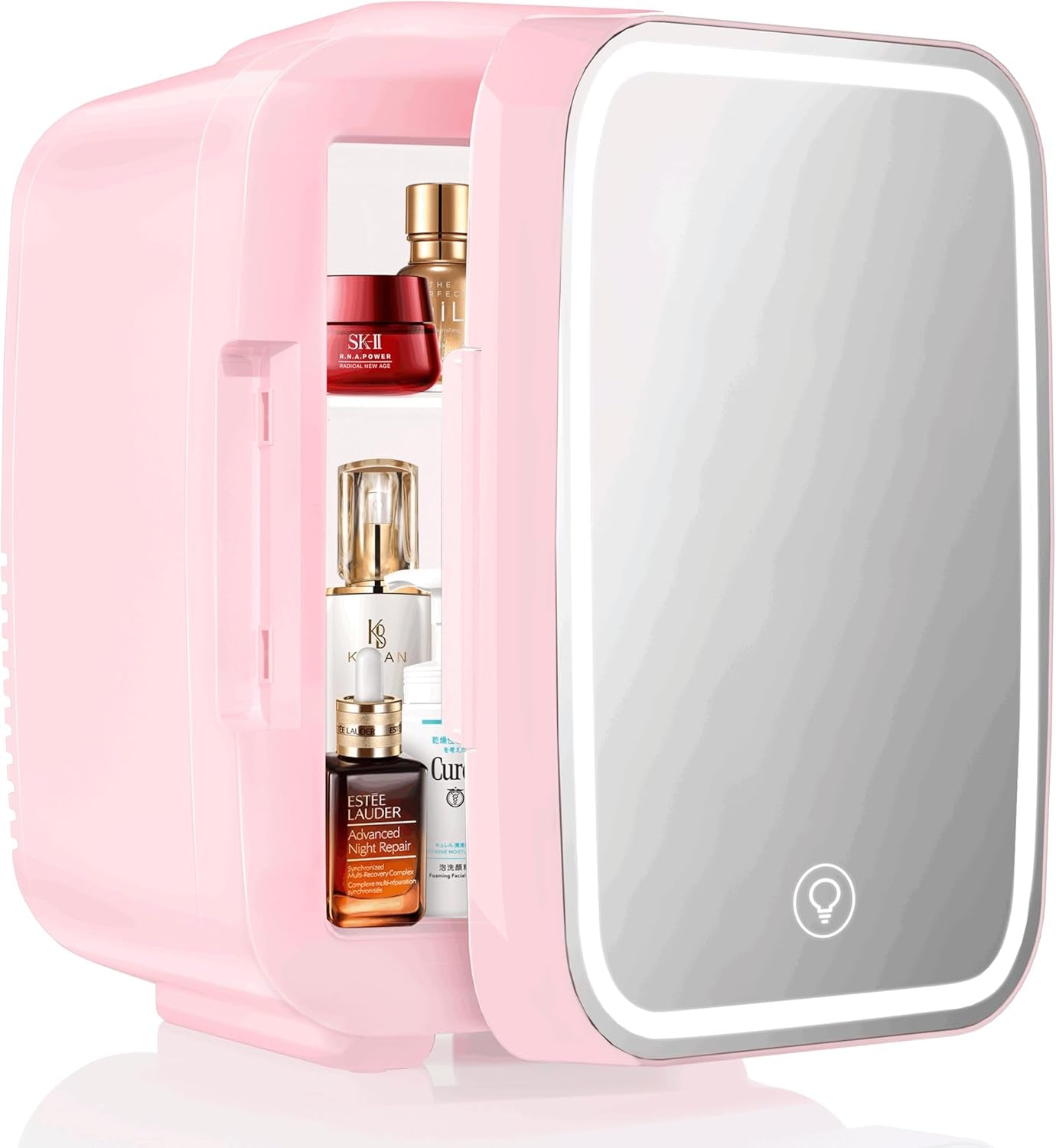 Mini Frigo Pour Chambre, Frigo Skincare Avec Miroir LED, Petit Frigo De 4L Portable, Thermoelectrique Chauffe & Refroidisseur 220V AC / 12V DC Pour Voiture, Bureau, Dortoir (Rose)