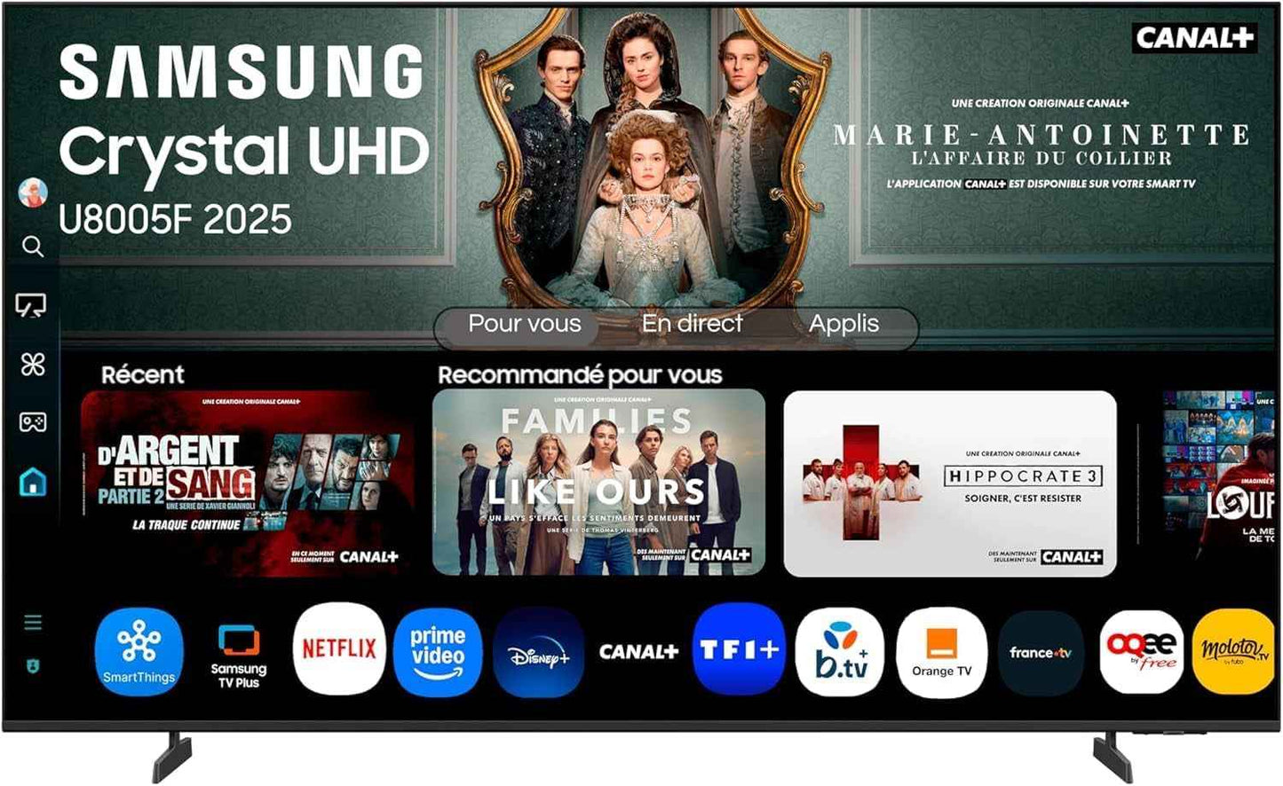 TV 85 Pouces Crystal UHD 85U8075F 4K Smart TV, Bluetooth, Wifi, Airplay, Crystal Processor 4K, HDR, Q-Symphony, Knox Security, Gaming Hub, Bixby, Applications Opérateurs Intégrées