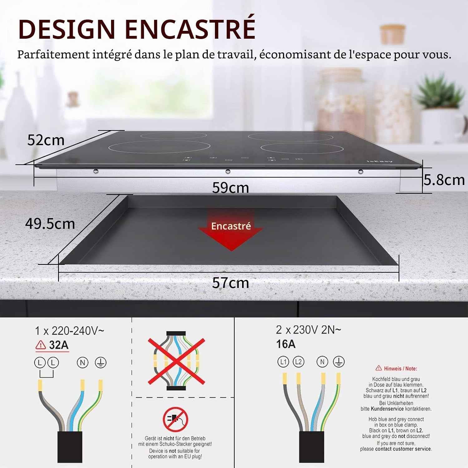 Plaque Vitrocéramique 4 Feux, Table De Cuisson Encastrable - (6000W, 4 Foyers, 60Cm, Autarkic, Tactile, Minuteur, Verre-Céramique