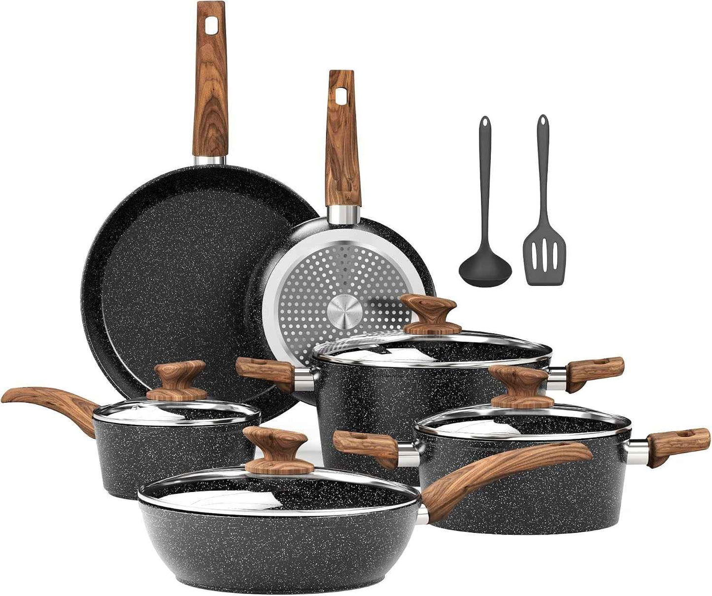 Batterie De Cuisine Induction 12 Pièces Antiadhésives | Noir Granite Set De Poêles Et Casseroles, 100% Sain Et Sans PFOA Ni PFOS, Compatible Avec Toutes Les Plaques De Cuisson