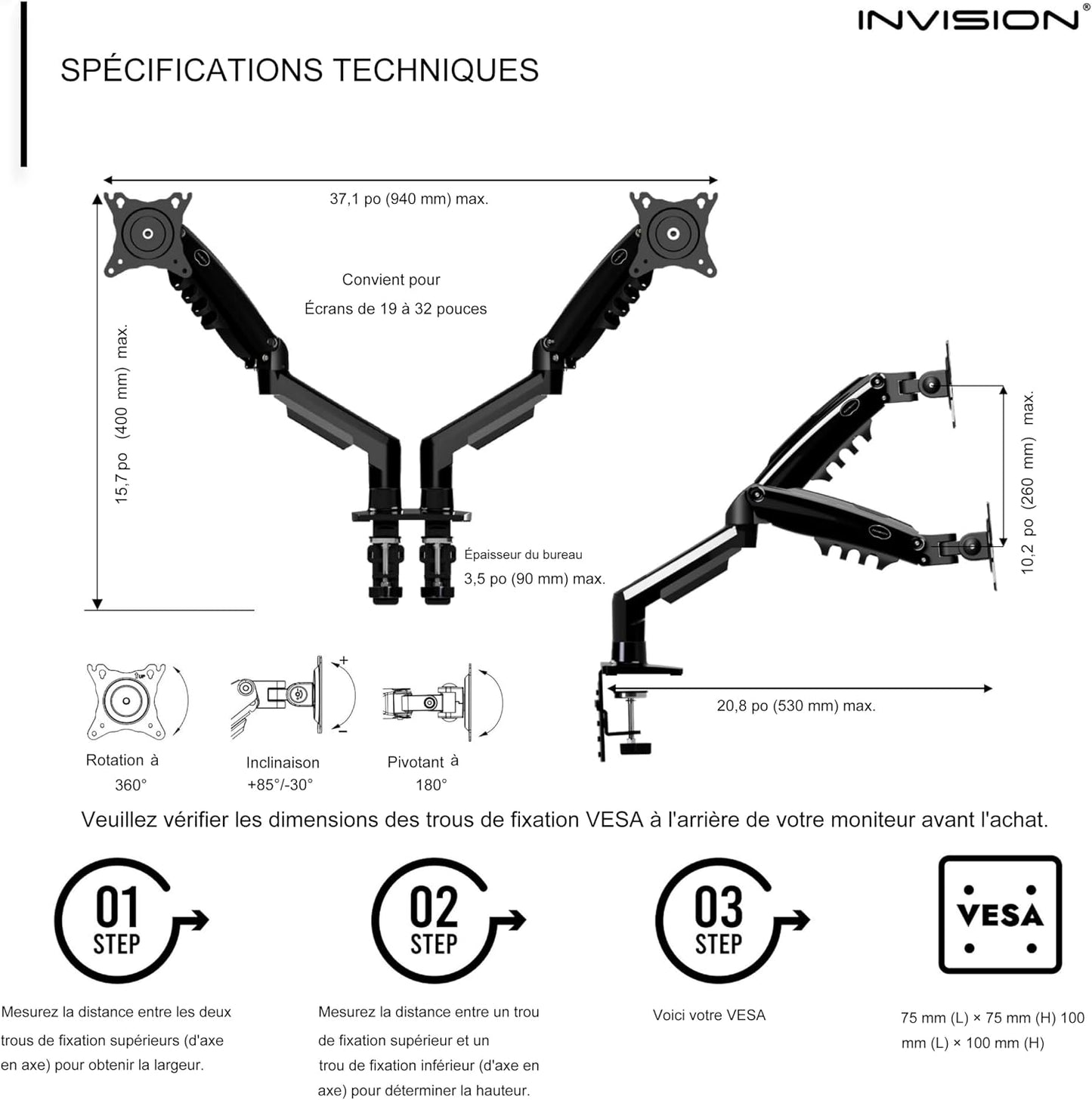 Support Écran PC Pour 19 À 32 Pouces, Réglage Hauteur Sans Outil Bras Avec Incline, Pivote Et Tourne, VESA 75 Et 100Mm, Pince De Bureau, Capacité De Charge 2-9Kg (MX400 Bras Double)