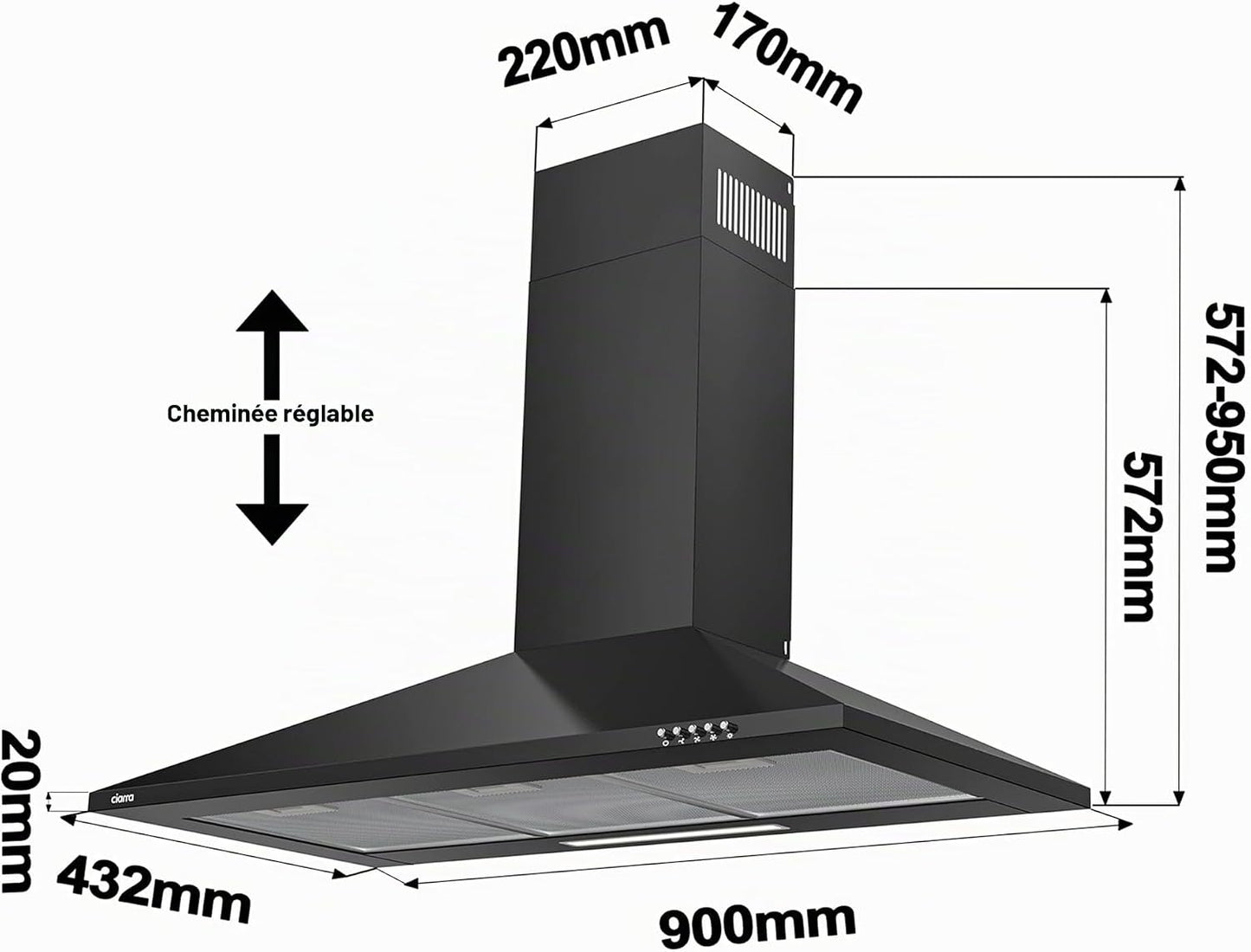ASB9201 Hotte Murale 90 Cm Noire 370 M³/H Classe A++ | 3 Vitesses - 63 Db - Mode Recyclage Ou Évacuation - Filtres À Charbon CBCF002X2 Inclus - Design Pyramidal