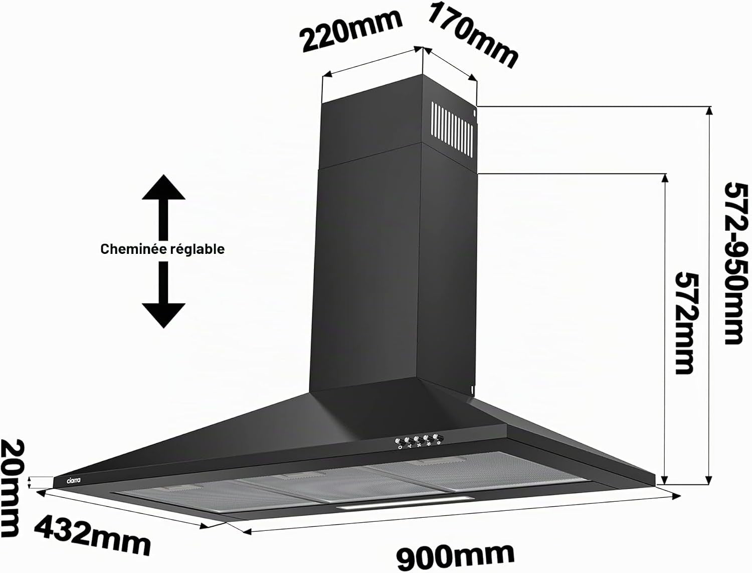 ASB9201 Hotte Murale 90 Cm Noire 370 M³/H Classe A++ | 3 Vitesses - 63 Db - Mode Recyclage Ou Évacuation - Filtres À Charbon CBCF002X2 Inclus - Design Pyramidal