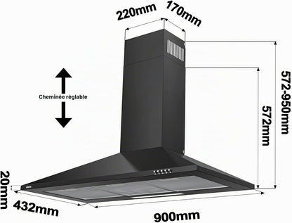 ASB9201 Hotte Murale 90 Cm Noire 370 M³/H Classe A++ | 3 Vitesses - 63 Db - Mode Recyclage Ou Évacuation - Filtres À Charbon CBCF002X2 Inclus - Design Pyramidal