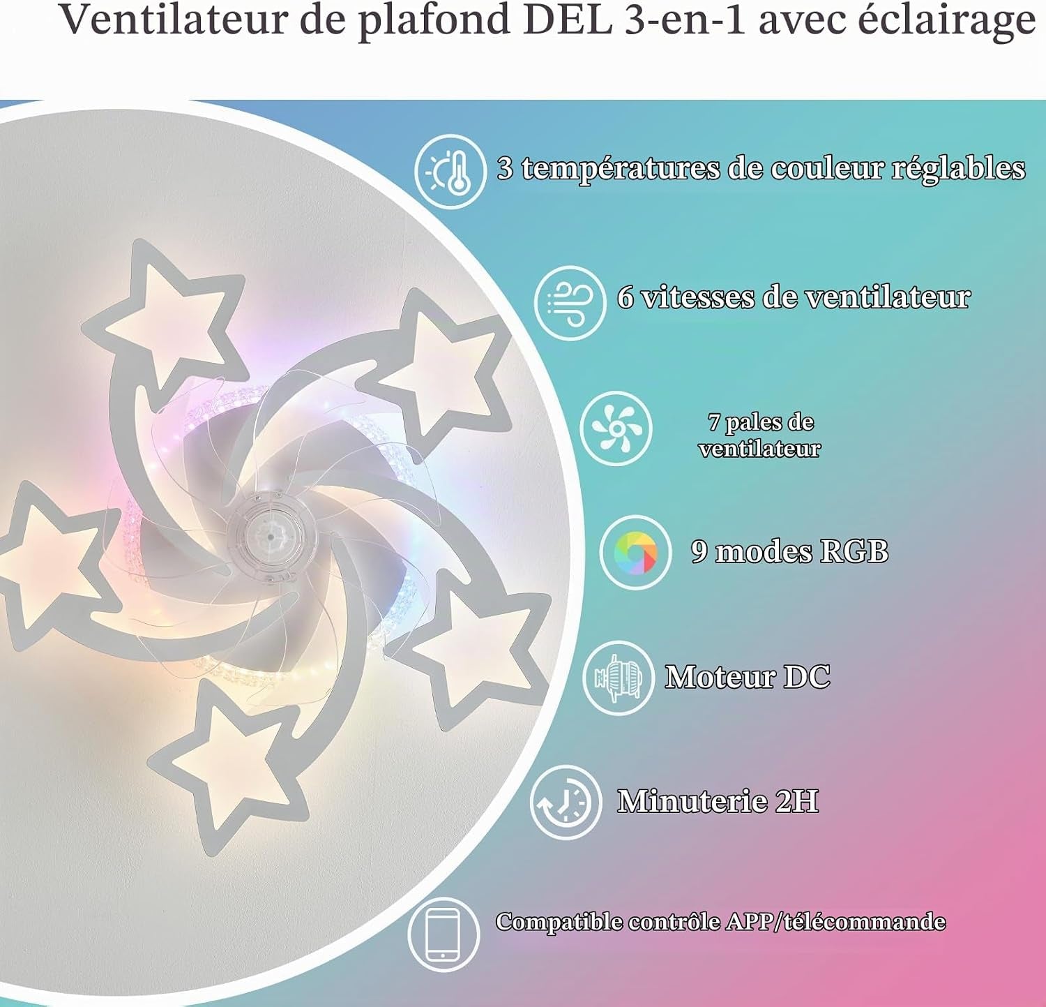 Lampe Ventilateur Plafond Silencieux Reversible Ventilateur Plafond Avec Telecommande Star RGB Suspension Luminaire LED Dimmable 6 Vitesses Dc-Motor Plafonnier Ventilateur Design