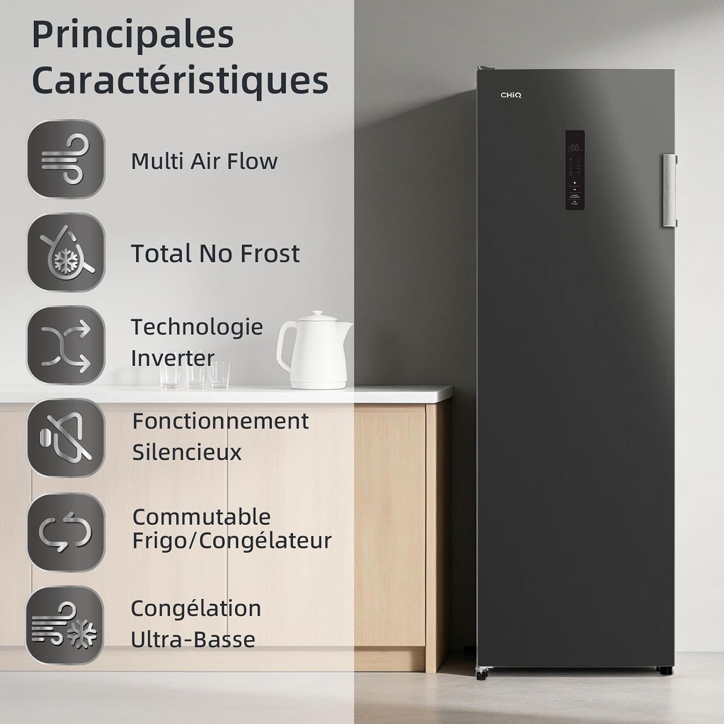 Congélateur Armoire 206L No Frost Inverter Noir (CSD206NEID) | Multi Air Flow, Ultra-Bas -32°C, Silencieux 39Db, Réfrigérateur Congélateur Commutable, Hauteur 1705Mm