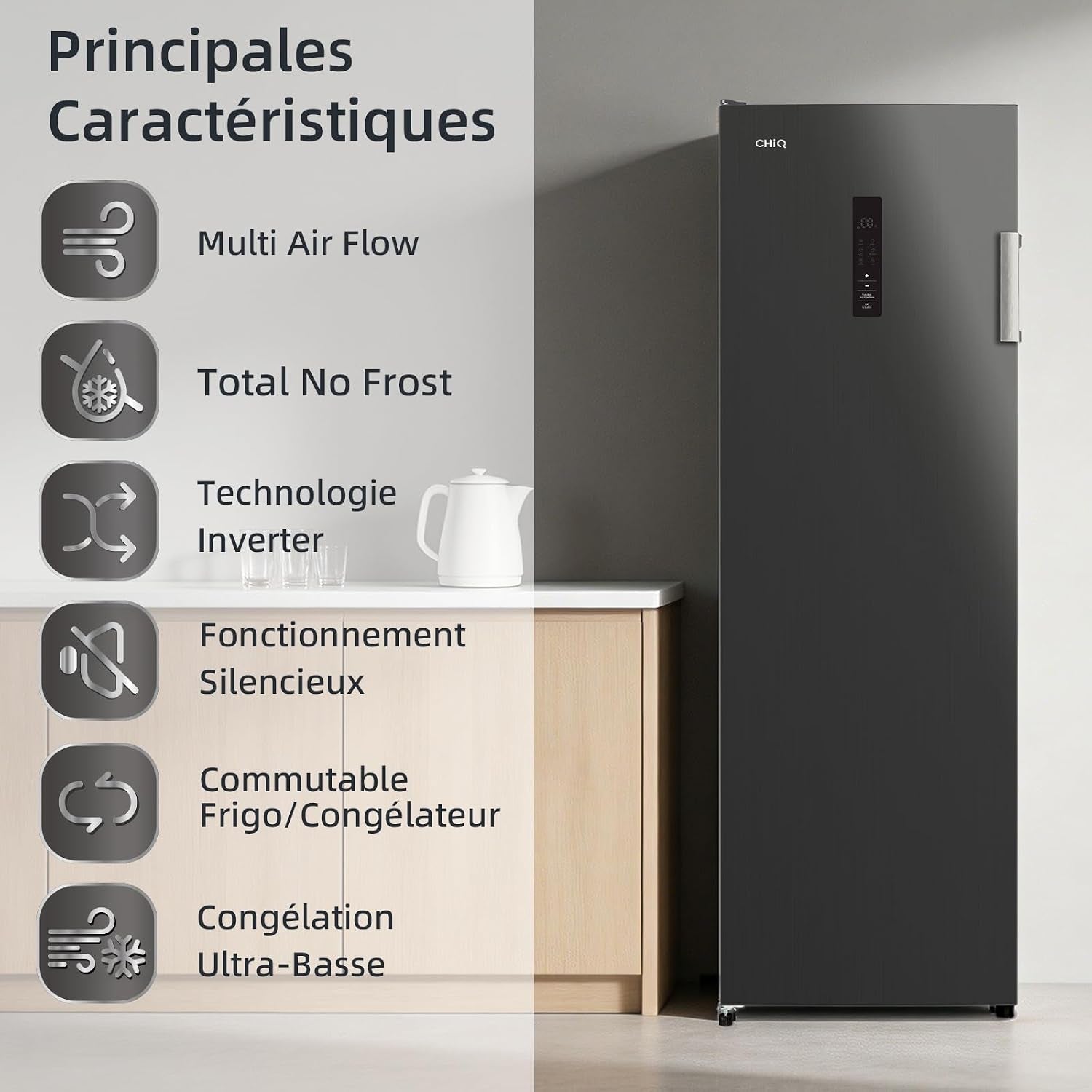 Congélateur Armoire 206L No Frost Inverter Noir (CSD206NEID) | Multi Air Flow, Ultra-Bas -32°C, Silencieux 39Db, Réfrigérateur Congélateur Commutable, Hauteur 1705Mm