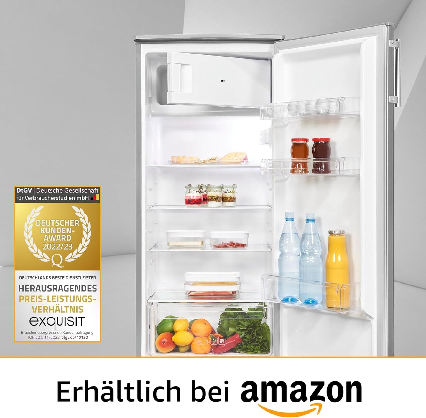 Exquisit KS185-4-HE-040E Standkühlschrank, 55 Cm Breit, 190L, Temperatureinstellung, Flaschenregal, Eierablage, Gemüseschublade, Inoxfarben