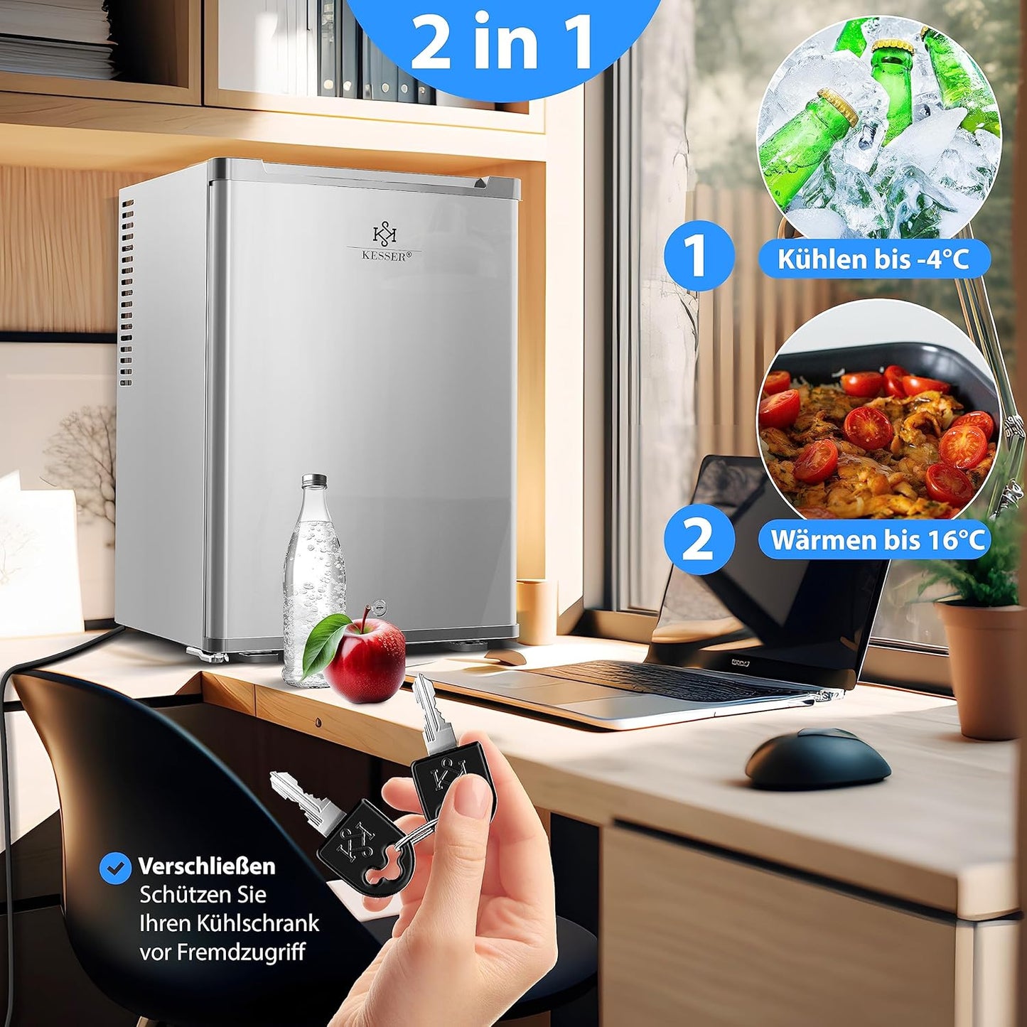 KESSER® Mini Réfrigérateur Avec Serrure, Mini Bar De 40 L, Silencieux, 22 DB, Verrouillable, Chambre À Coucher, Butée De Porte Amovible, Env. 4 À 16 °C, Hauteur 57 Cm, Éclairage Intérieur