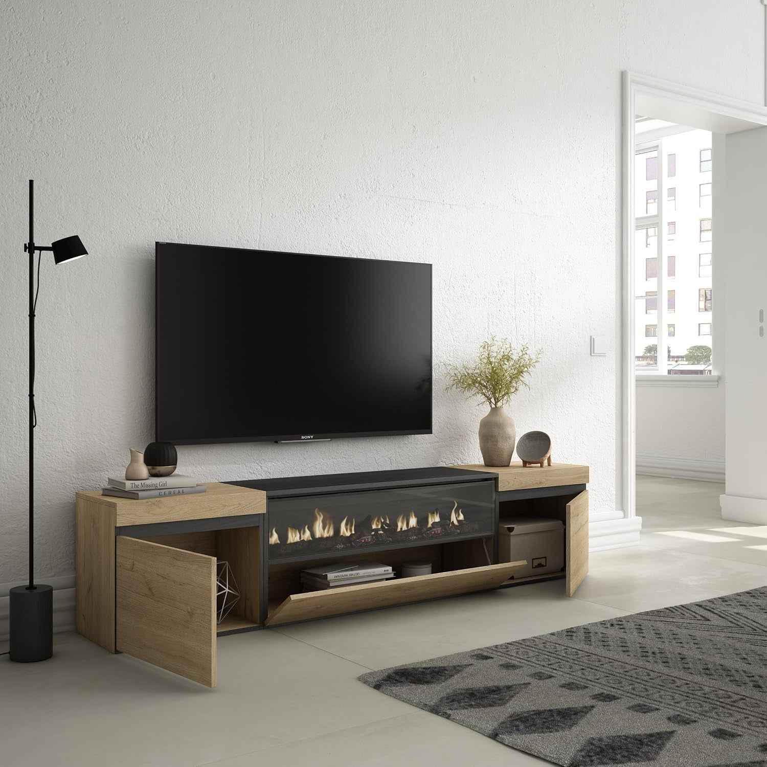 | Meuble TV | Banc Télé | Grand Espace De Rangement | 200X45X35Cm | Pour Les TV Jusqu'À 80" | Cheminée Électrique | Style Moderne | Chêne Et Noir